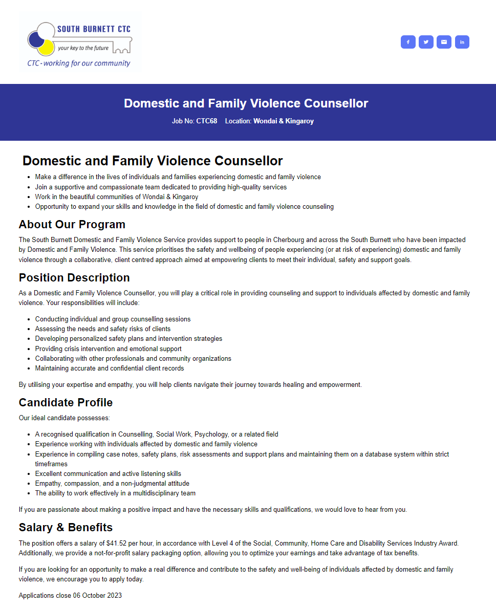 Domestic and Family Violence Counsellor - Wondai / Kingaroy – Job in ...